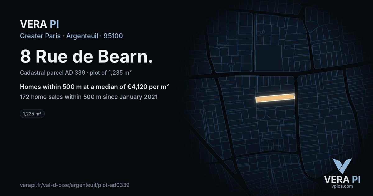 8 Rue de Bearn, Argenteuil at night – the plot lit, the parcels around coloured by the prices near them