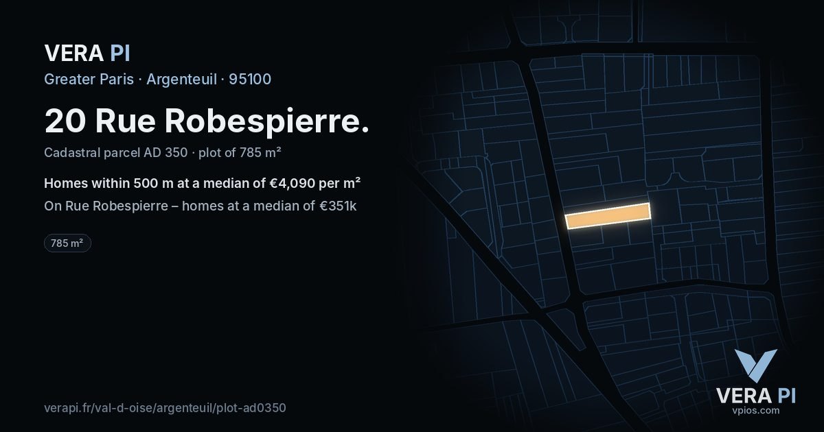 20 Rue Robespierre, Argenteuil at night – the plot lit, the parcels around coloured by the prices near them