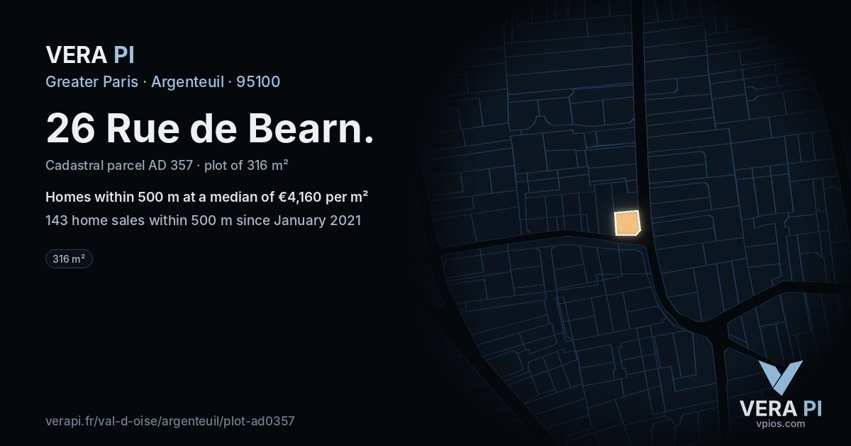 26 Rue de Bearn, Argenteuil at night – the plot lit, the parcels around coloured by the prices near them