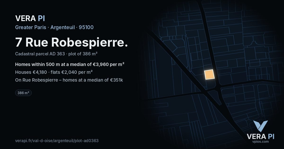 7 Rue Robespierre, Argenteuil at night – the plot lit, the parcels around coloured by the prices near them