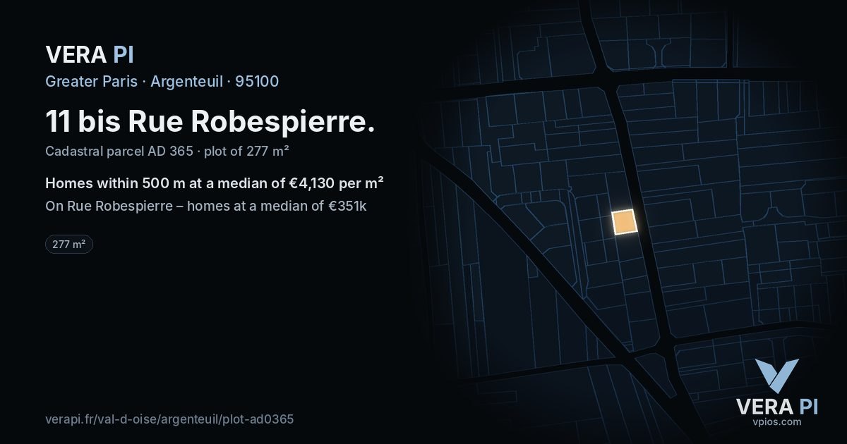 11 bis Rue Robespierre, Argenteuil at night – the plot lit, the parcels around coloured by the prices near them