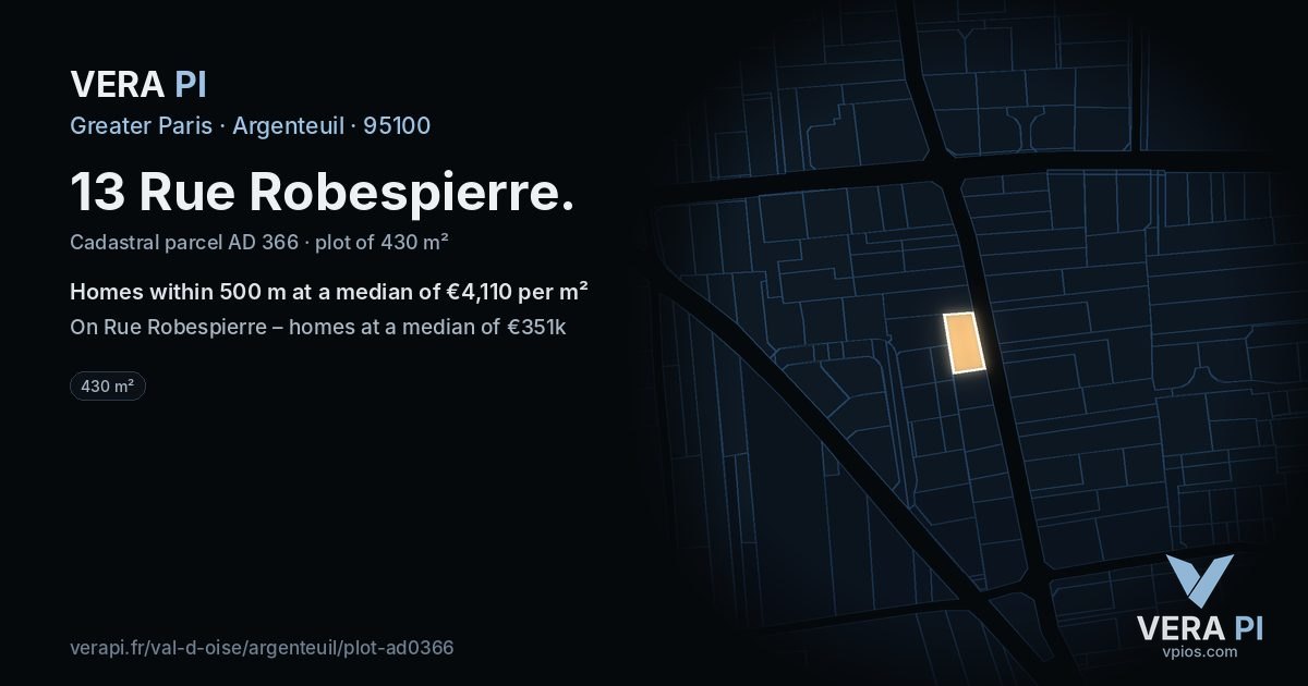 13 Rue Robespierre, Argenteuil at night – the plot lit, the parcels around coloured by the prices near them