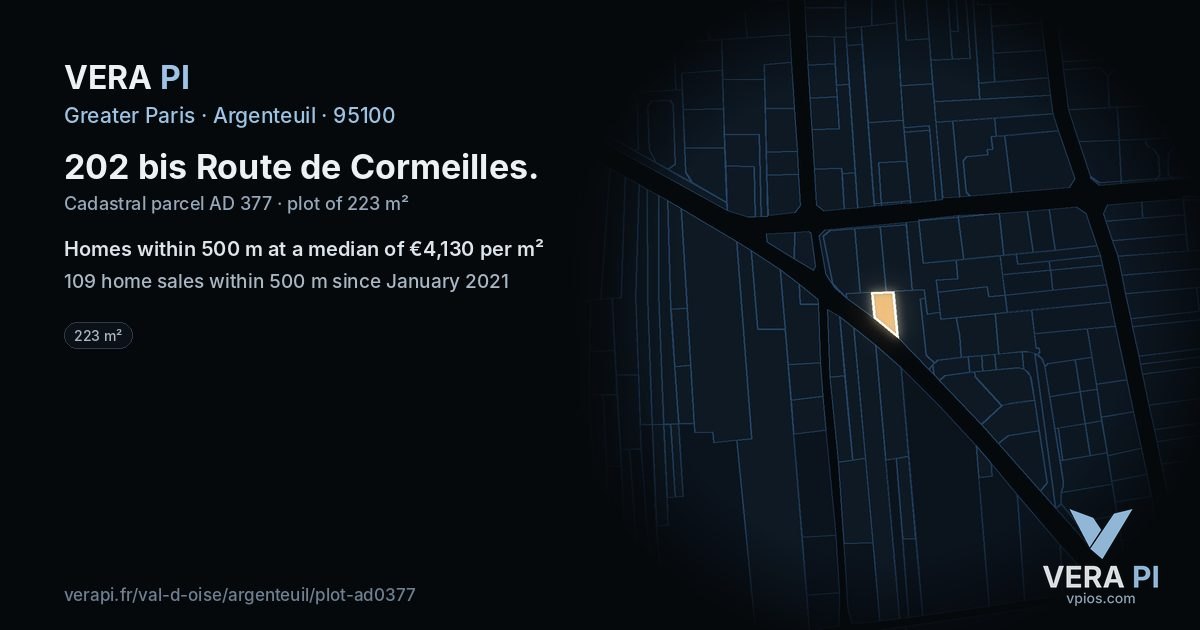 202 bis Route de Cormeilles, Argenteuil at night – the plot lit, the parcels around coloured by the prices near them