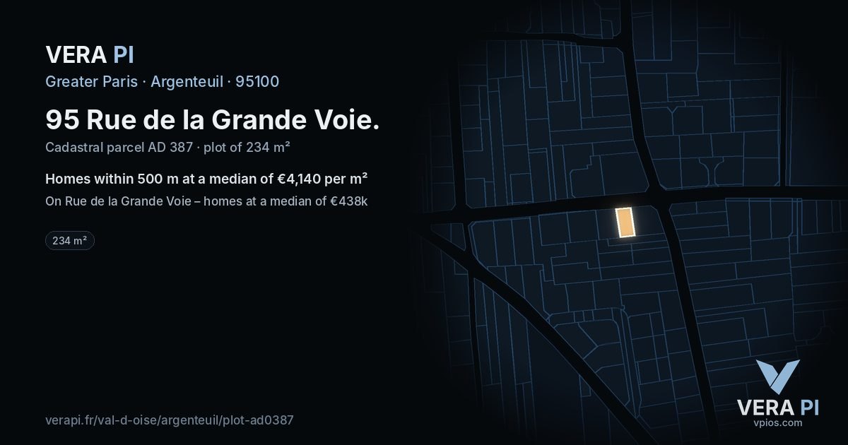 95 Rue de la Grande Voie, Argenteuil at night – the plot lit, the parcels around coloured by the prices near them