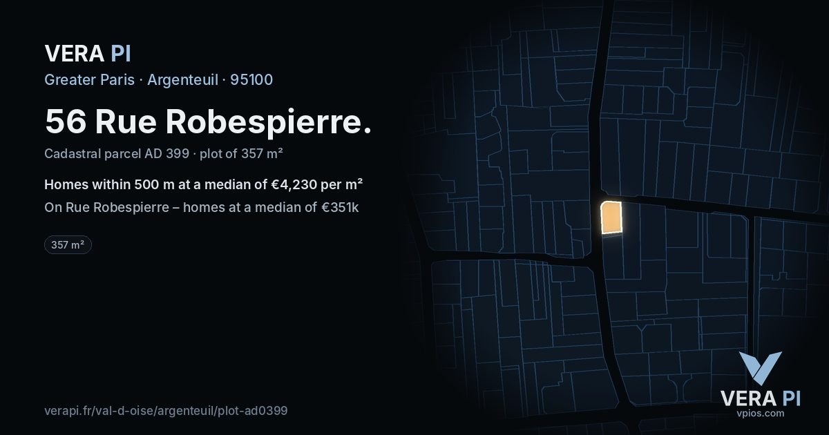 56 Rue Robespierre, Argenteuil at night – the plot lit, the parcels around coloured by the prices near them