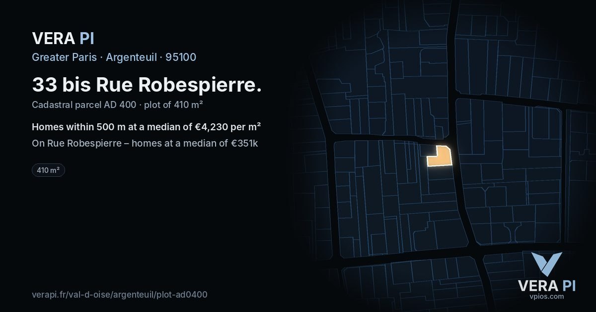 33 bis Rue Robespierre, Argenteuil at night – the plot lit, the parcels around coloured by the prices near them