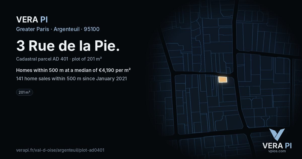 3 Rue de la Pie, Argenteuil at night – the plot lit, the parcels around coloured by the prices near them