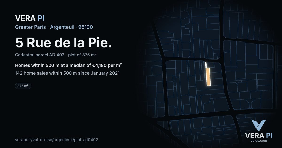 5 Rue de la Pie, Argenteuil at night – the plot lit, the parcels around coloured by the prices near them