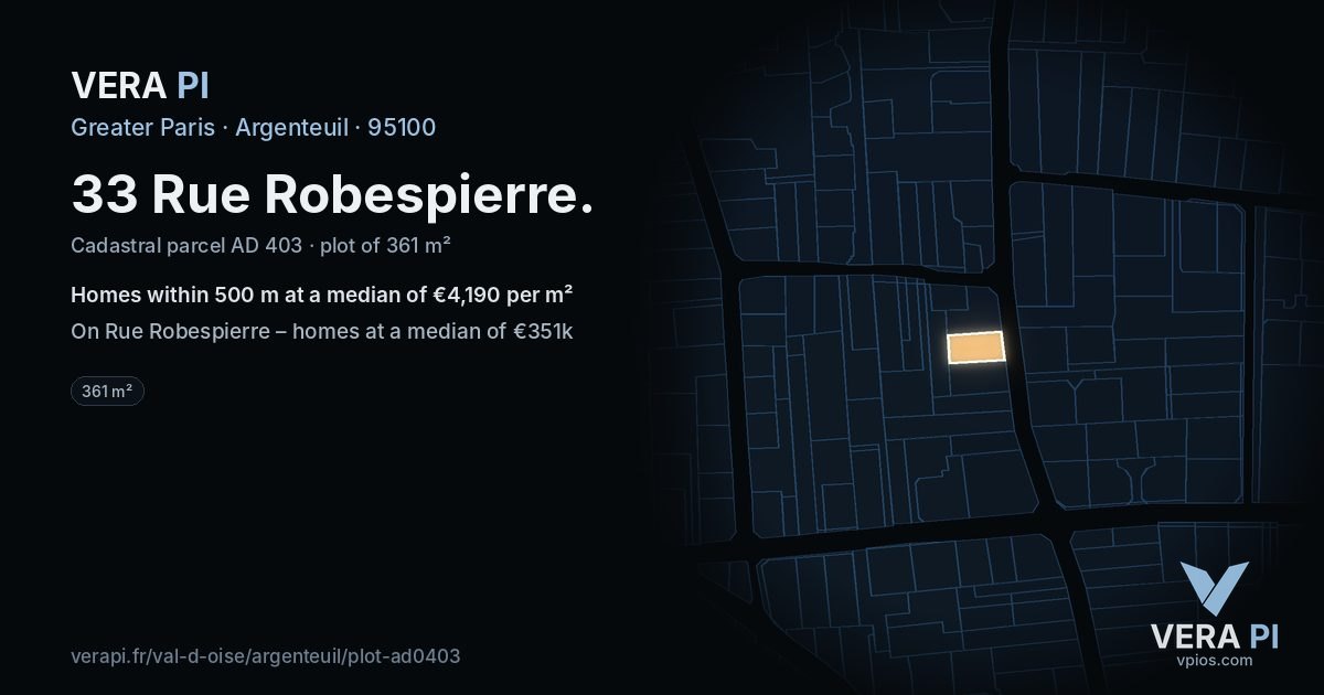 33 Rue Robespierre, Argenteuil at night – the plot lit, the parcels around coloured by the prices near them