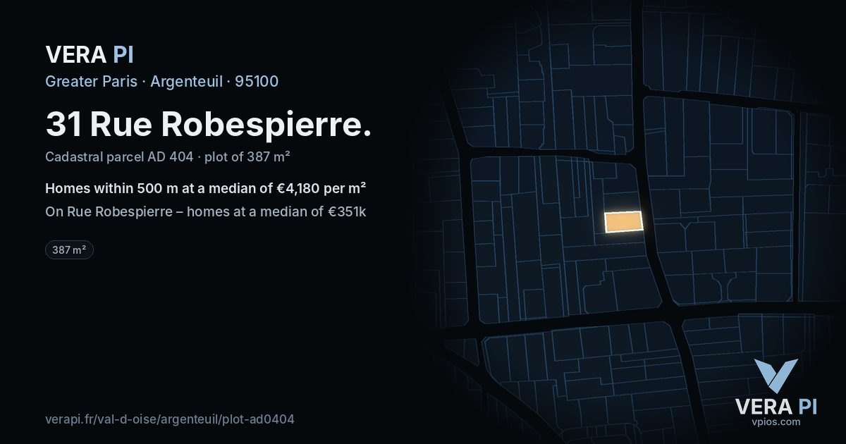 31 Rue Robespierre, Argenteuil at night – the plot lit, the parcels around coloured by the prices near them