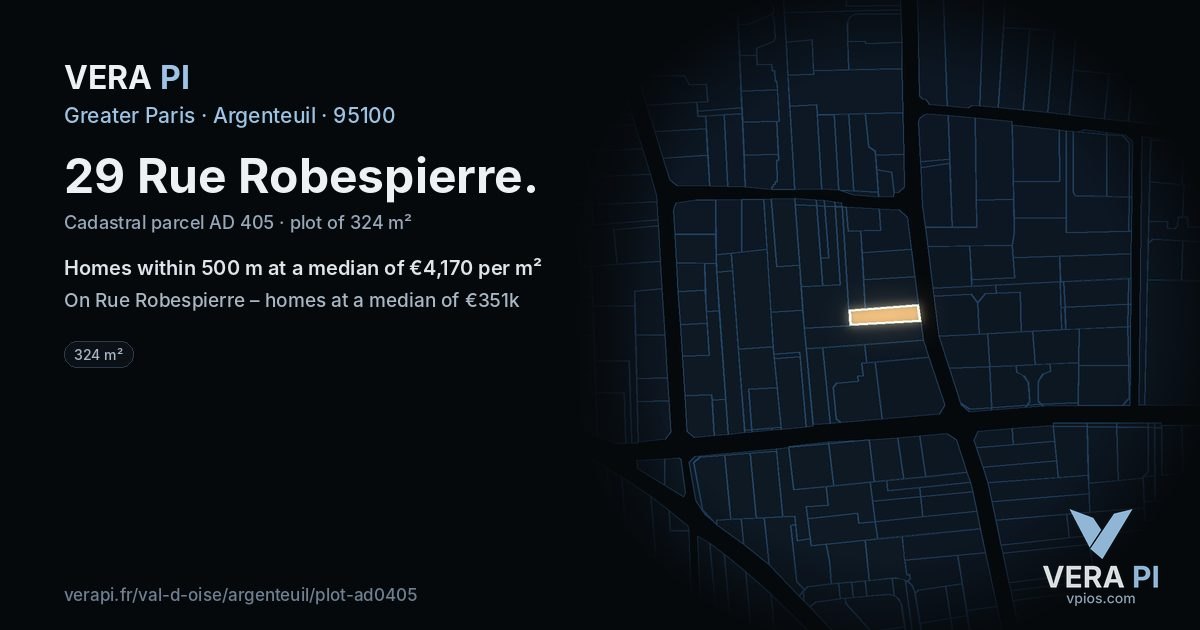29 Rue Robespierre, Argenteuil at night – the plot lit, the parcels around coloured by the prices near them