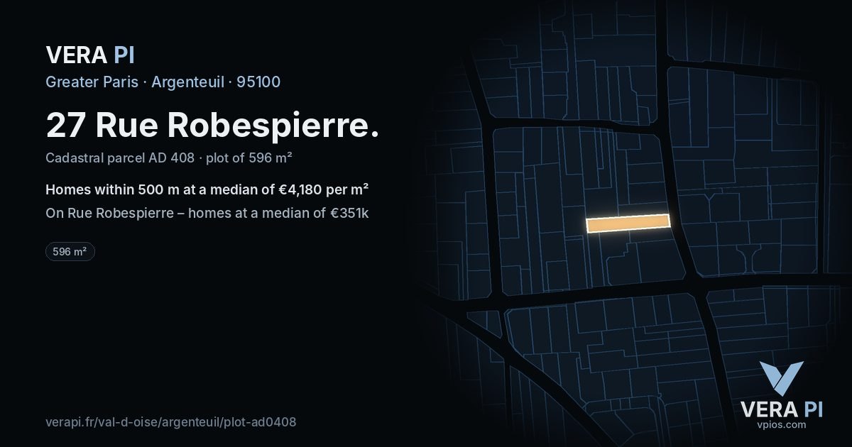 27 Rue Robespierre, Argenteuil at night – the plot lit, the parcels around coloured by the prices near them