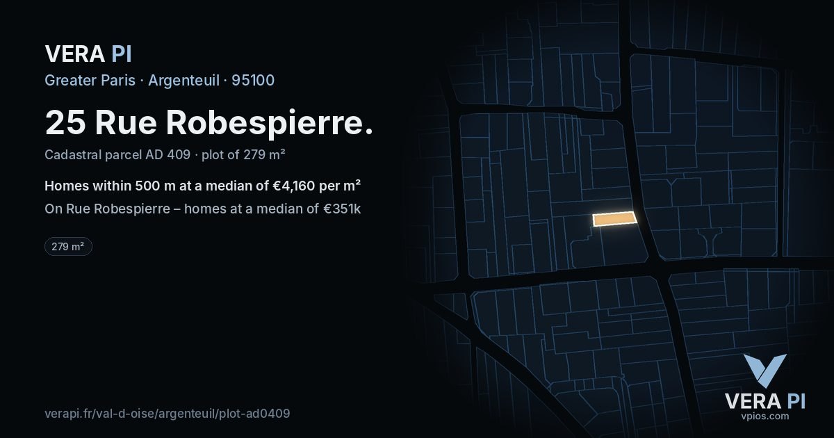 25 Rue Robespierre, Argenteuil at night – the plot lit, the parcels around coloured by the prices near them