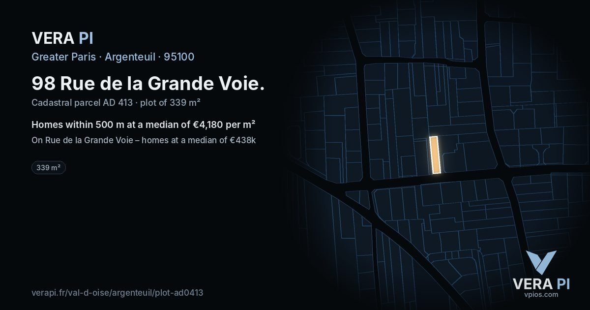 98 Rue de la Grande Voie, Argenteuil at night – the plot lit, the parcels around coloured by the prices near them