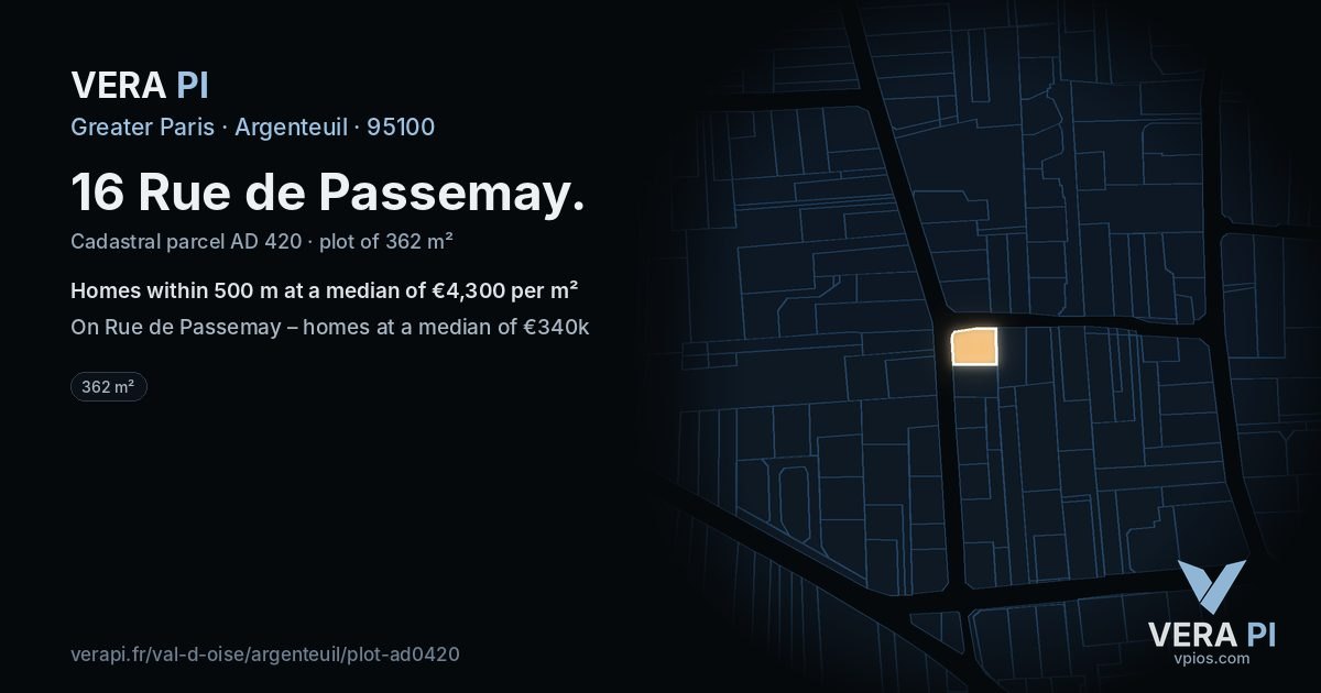 16 Rue de Passemay, Argenteuil at night – the plot lit, the parcels around coloured by the prices near them