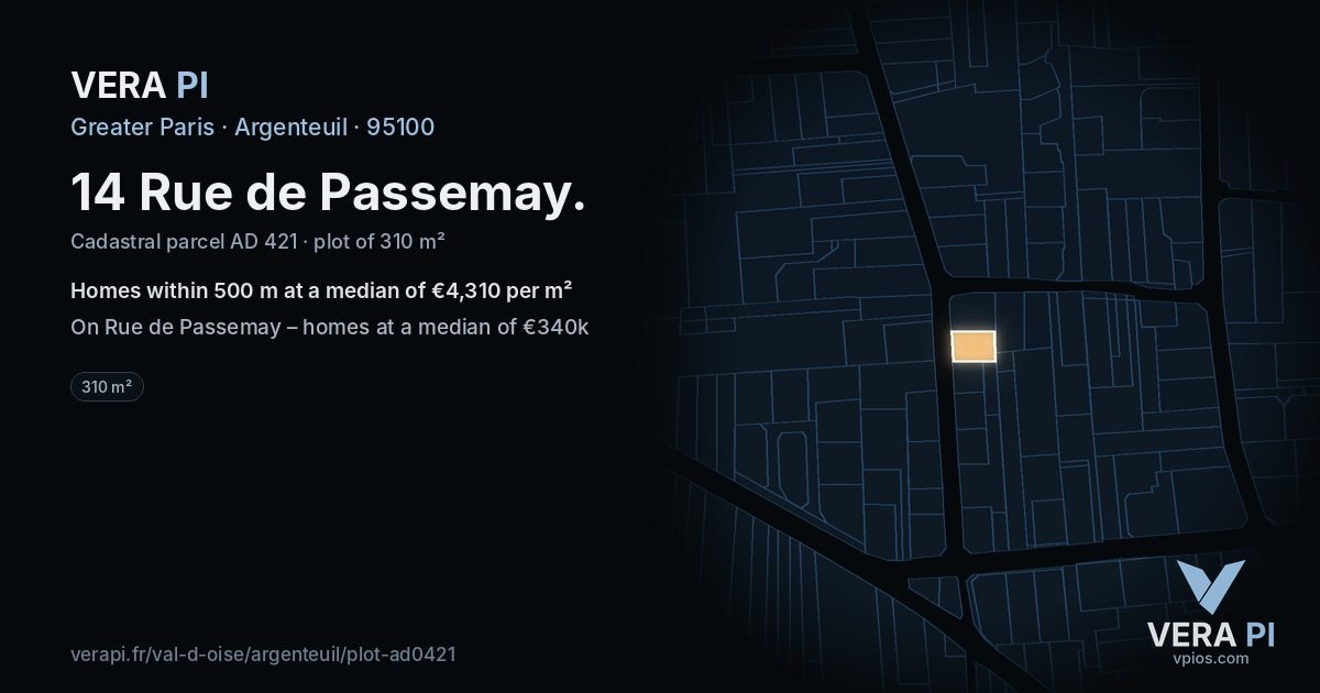 14 Rue de Passemay, Argenteuil at night – the plot lit, the parcels around coloured by the prices near them