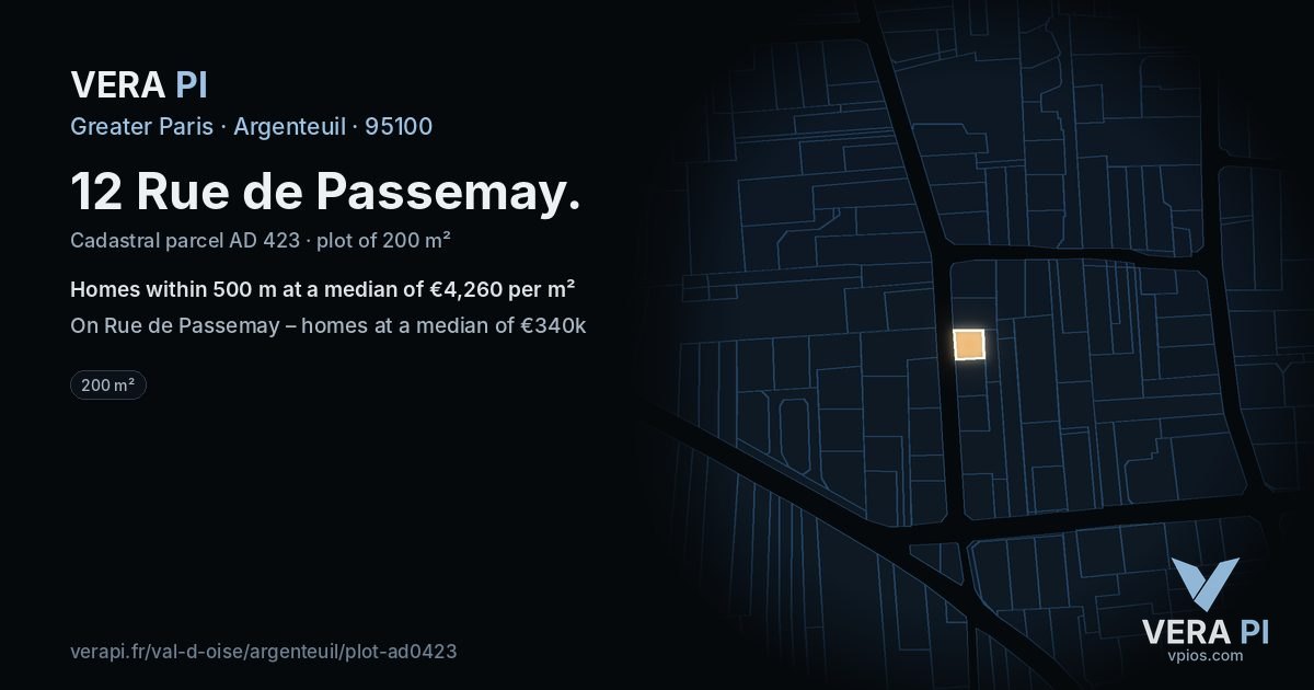 12 Rue de Passemay, Argenteuil at night – the plot lit, the parcels around coloured by the prices near them