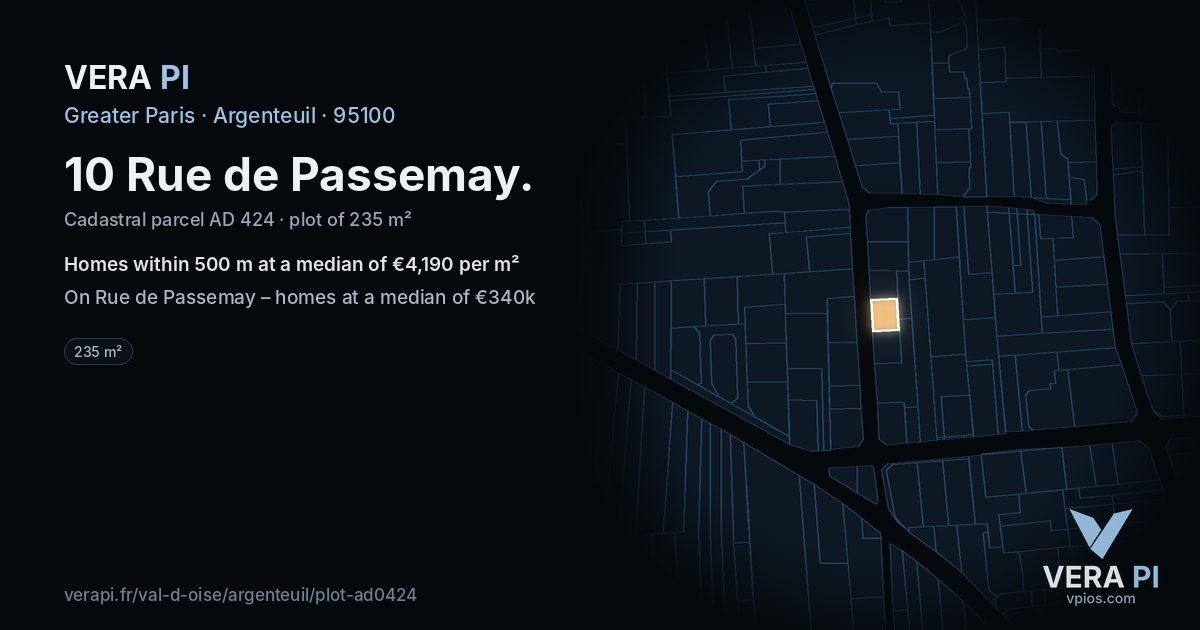 10 Rue de Passemay, Argenteuil at night – the plot lit, the parcels around coloured by the prices near them