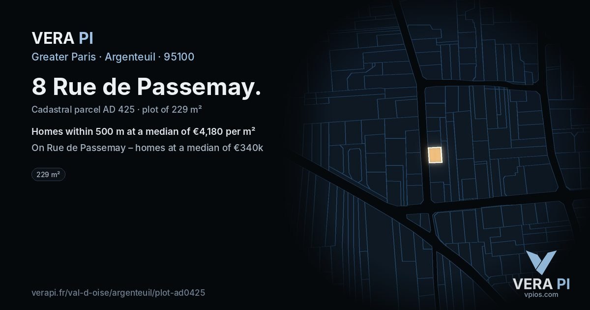 8 Rue de Passemay, Argenteuil at night – the plot lit, the parcels around coloured by the prices near them
