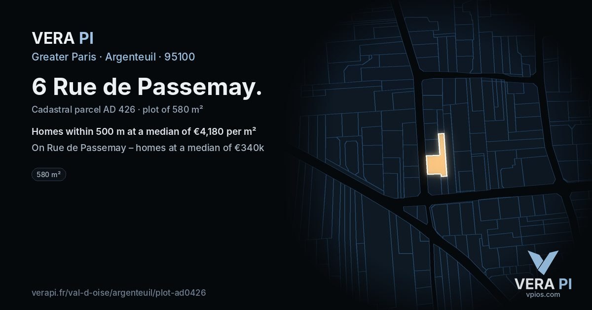 6 Rue de Passemay, Argenteuil at night – the plot lit, the parcels around coloured by the prices near them