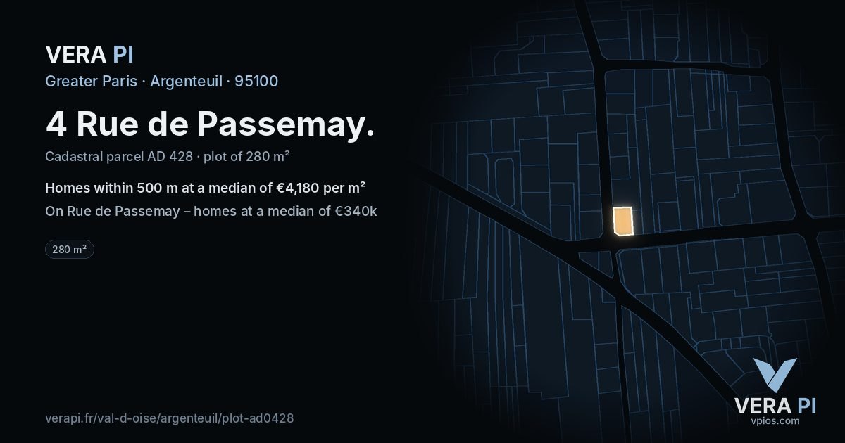 4 Rue de Passemay, Argenteuil at night – the plot lit, the parcels around coloured by the prices near them