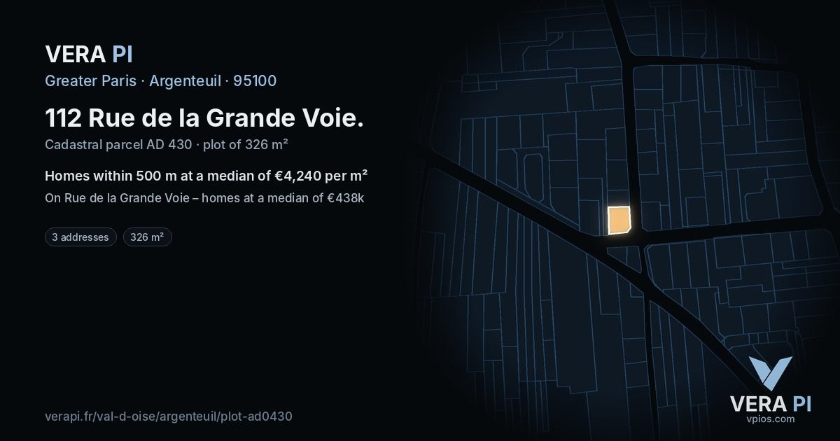 112 Rue de la Grande Voie, Argenteuil at night – the plot lit, the parcels around coloured by the prices near them
