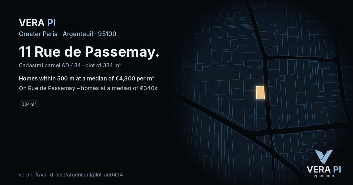 11 Rue de Passemay, Argenteuil at night – the plot lit, the parcels around coloured by the prices near them