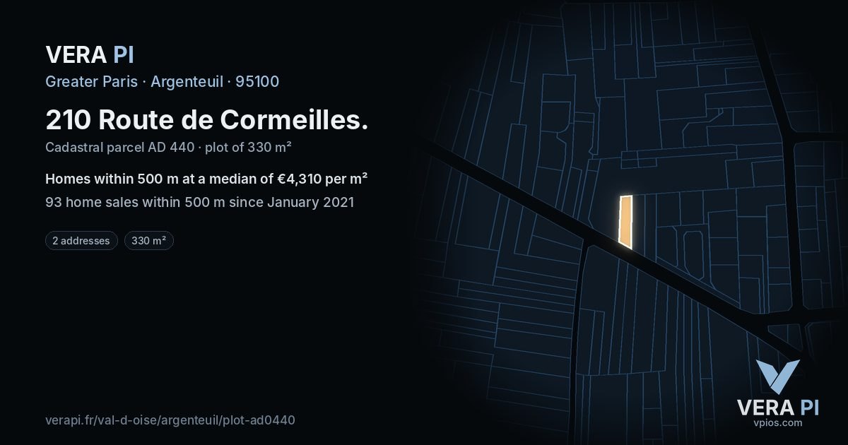 210 Route de Cormeilles, Argenteuil at night – the plot lit, the parcels around coloured by the prices near them