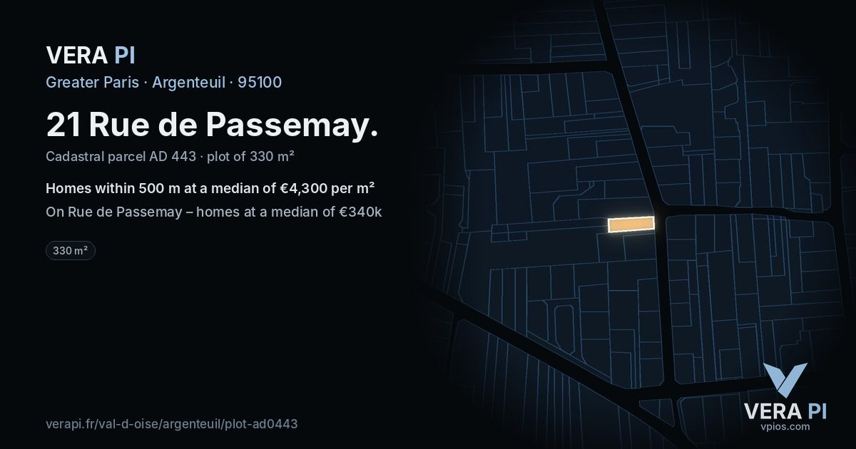 21 Rue de Passemay, Argenteuil at night – the plot lit, the parcels around coloured by the prices near them
