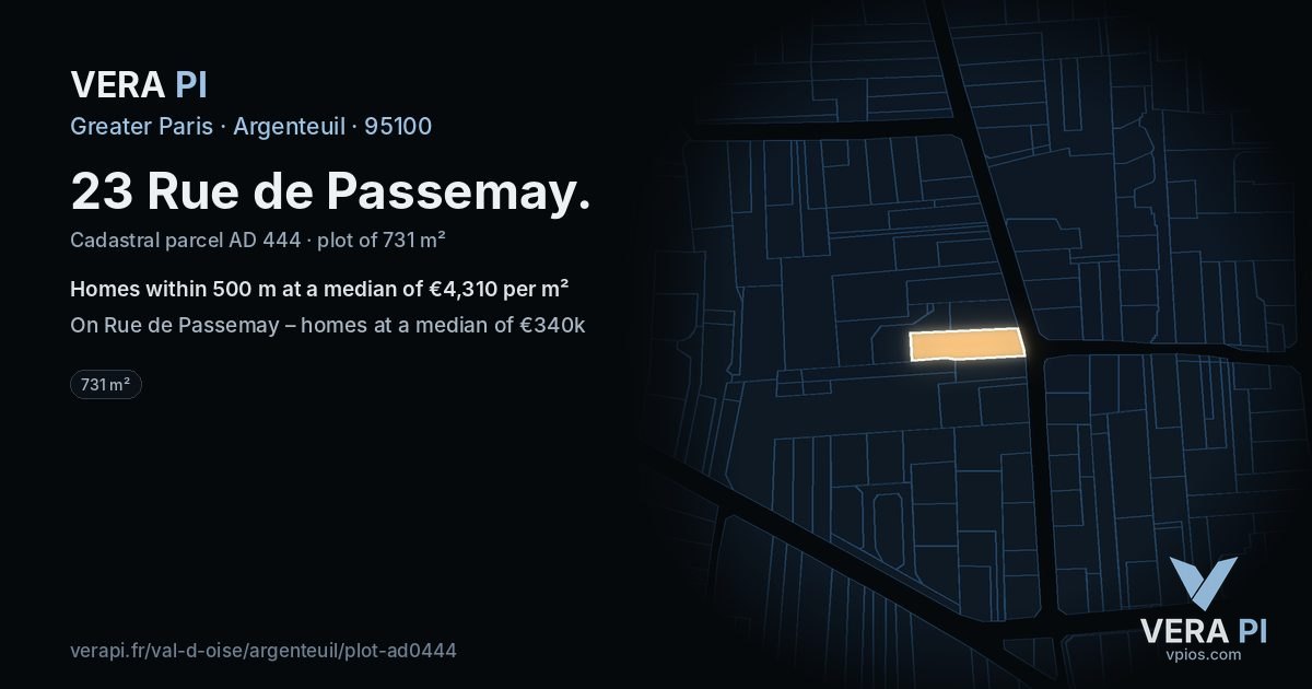 23 Rue de Passemay, Argenteuil at night – the plot lit, the parcels around coloured by the prices near them