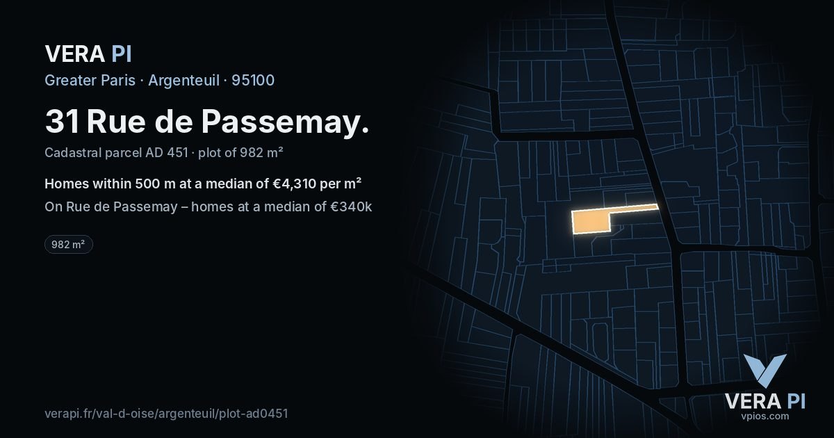 31 Rue de Passemay, Argenteuil at night – the plot lit, the parcels around coloured by the prices near them