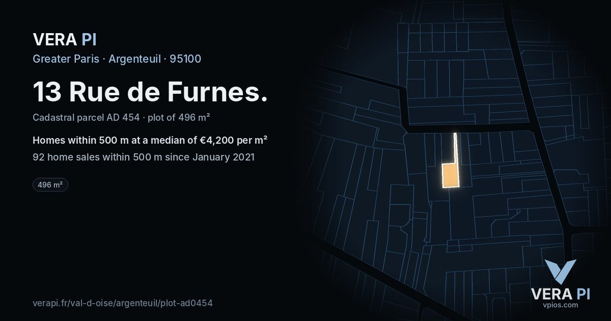 13 Rue de Furnes, Argenteuil at night – the plot lit, the parcels around coloured by the prices near them
