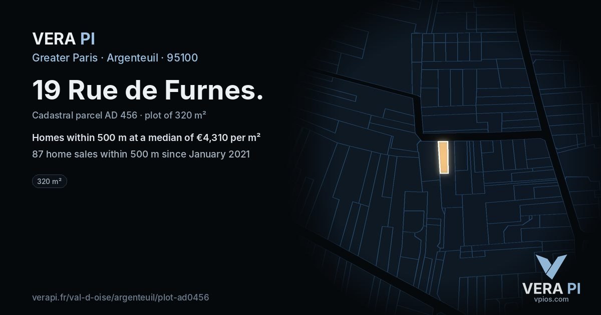 19 Rue de Furnes, Argenteuil at night – the plot lit, the parcels around coloured by the prices near them