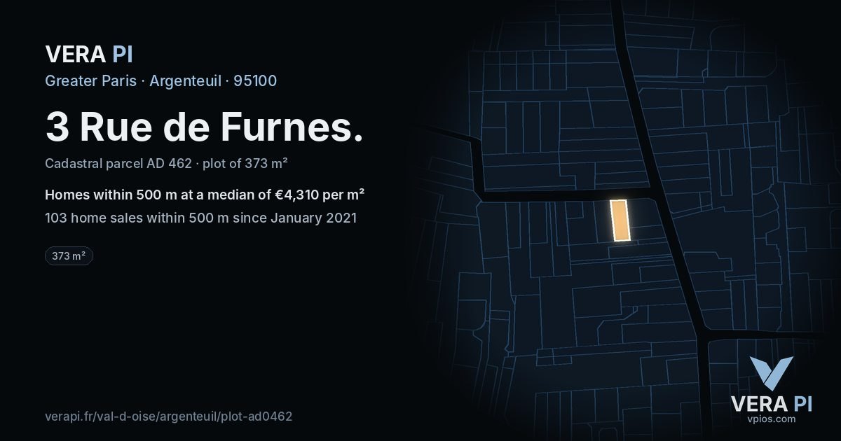 3 Rue de Furnes, Argenteuil at night – the plot lit, the parcels around coloured by the prices near them