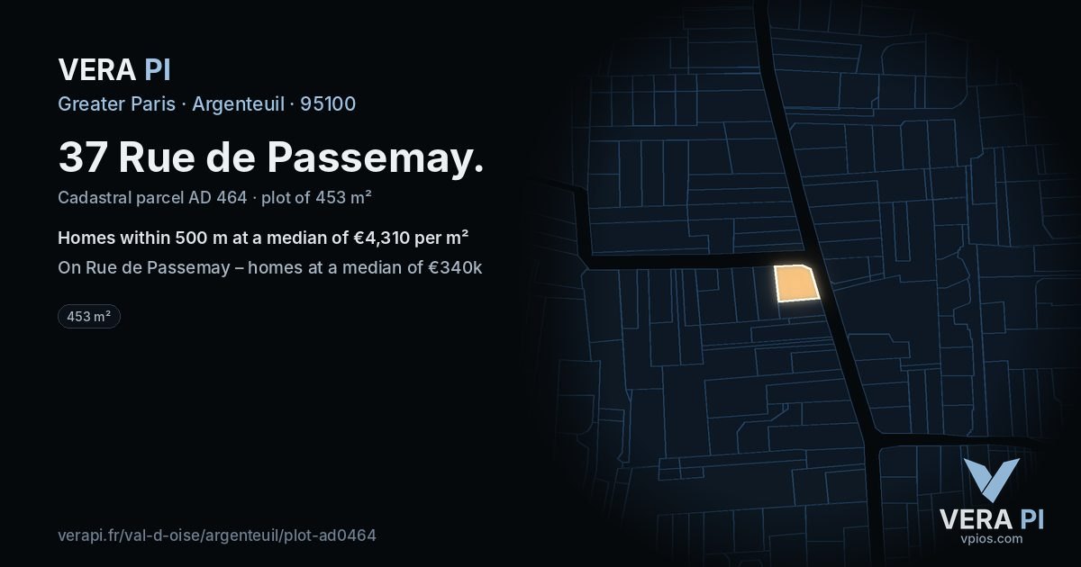 37 Rue de Passemay, Argenteuil at night – the plot lit, the parcels around coloured by the prices near them