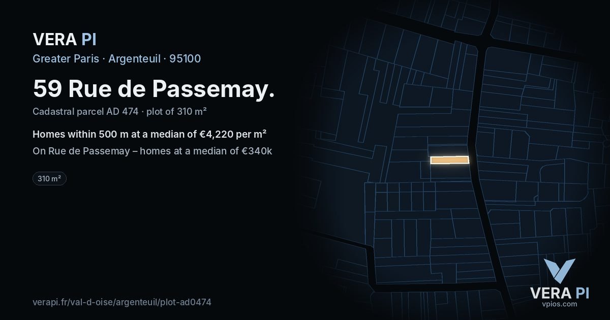 59 Rue de Passemay, Argenteuil at night – the plot lit, the parcels around coloured by the prices near them