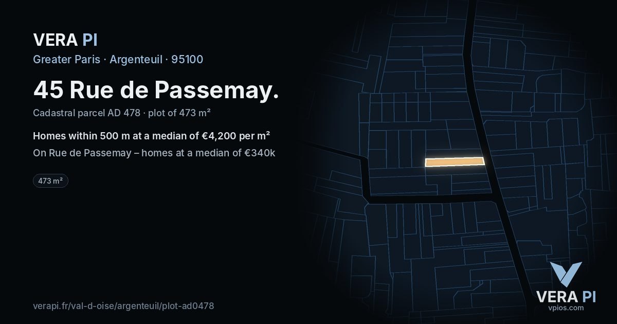 45 Rue de Passemay, Argenteuil at night – the plot lit, the parcels around coloured by the prices near them