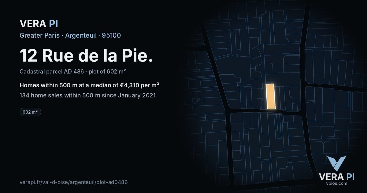 12 Rue de la Pie, Argenteuil at night – the plot lit, the parcels around coloured by the prices near them