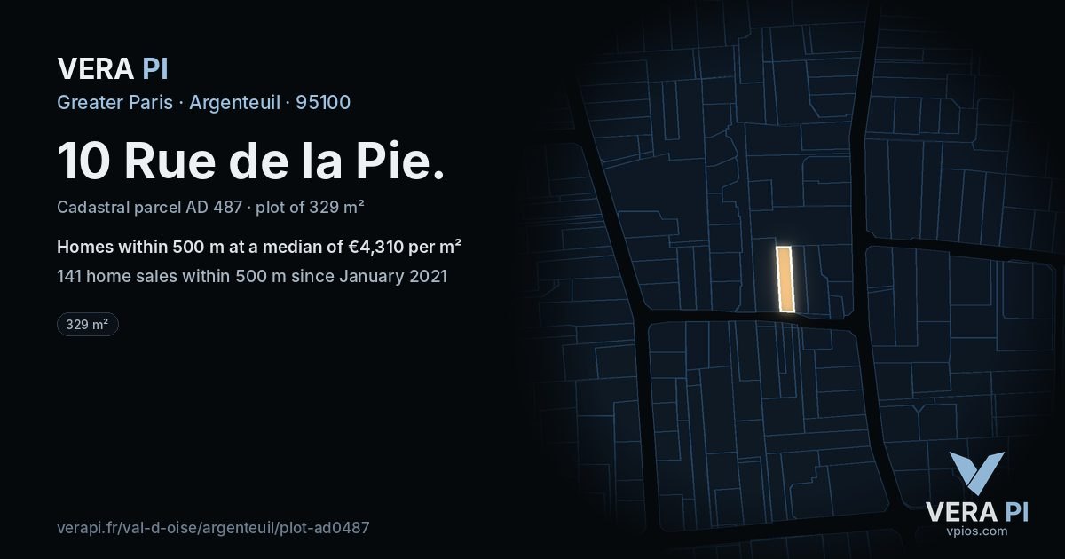 10 Rue de la Pie, Argenteuil at night – the plot lit, the parcels around coloured by the prices near them