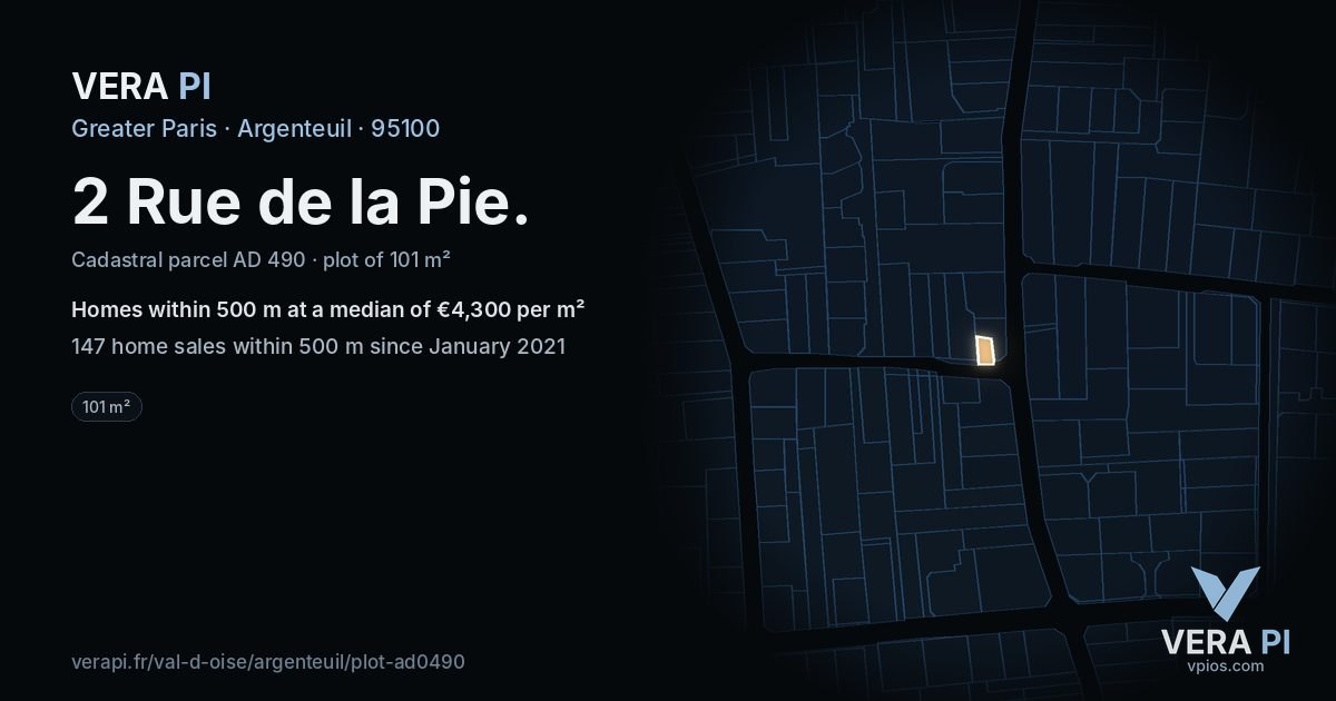 2 Rue de la Pie, Argenteuil at night – the plot lit, the parcels around coloured by the prices near them