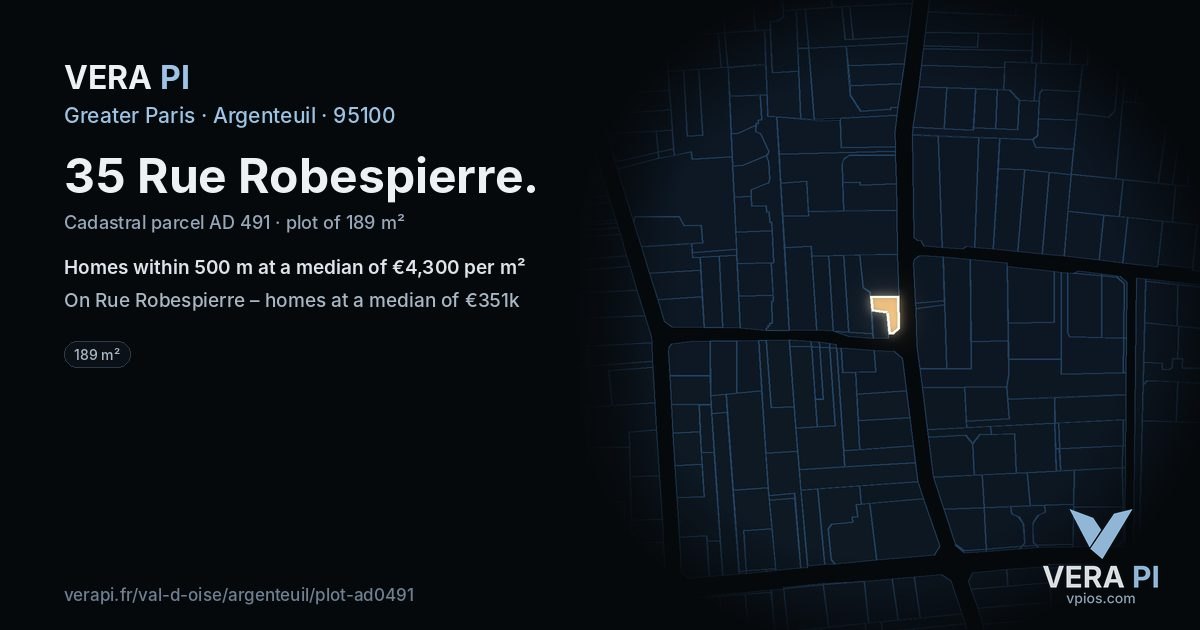 35 Rue Robespierre, Argenteuil at night – the plot lit, the parcels around coloured by the prices near them