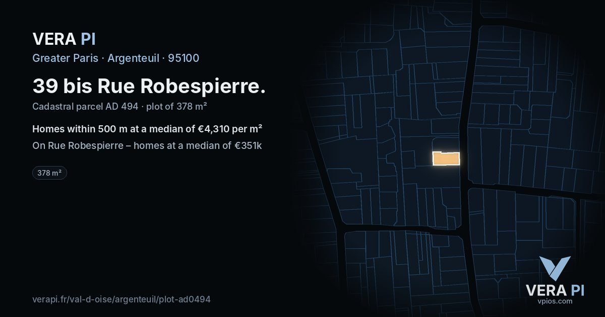 39 bis Rue Robespierre, Argenteuil at night – the plot lit, the parcels around coloured by the prices near them