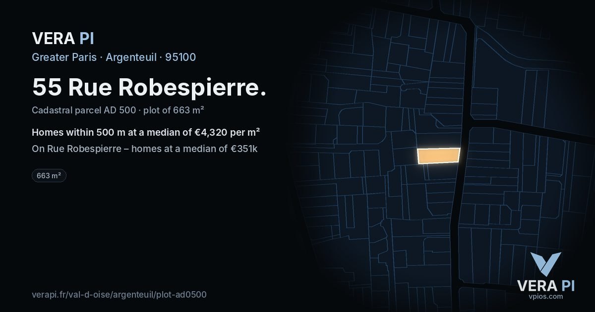 55 Rue Robespierre, Argenteuil at night – the plot lit, the parcels around coloured by the prices near them