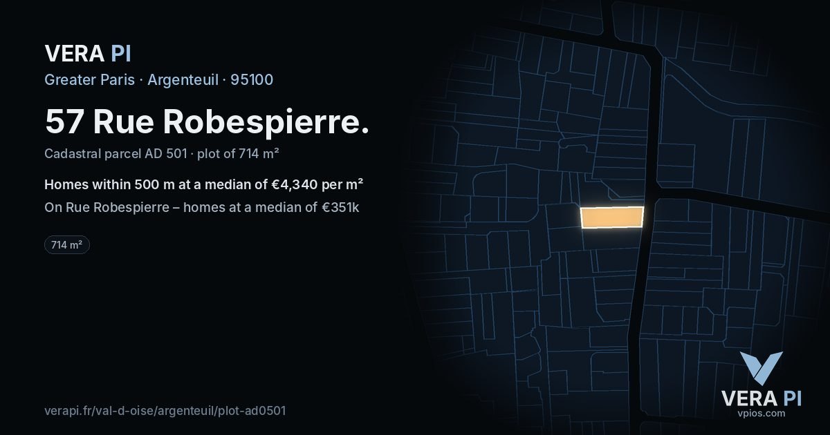 57 Rue Robespierre, Argenteuil at night – the plot lit, the parcels around coloured by the prices near them