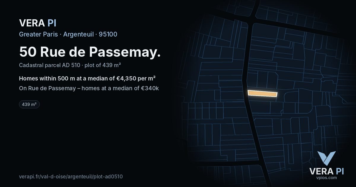 50 Rue de Passemay, Argenteuil at night – the plot lit, the parcels around coloured by the prices near them