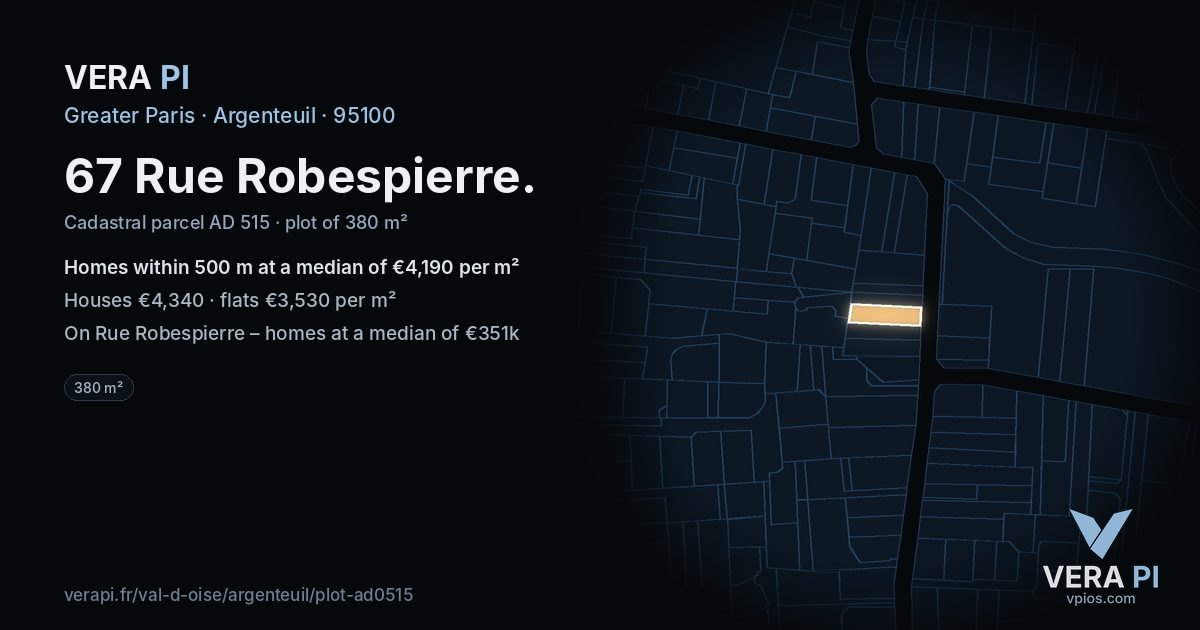 67 Rue Robespierre, Argenteuil at night – the plot lit, the parcels around coloured by the prices near them