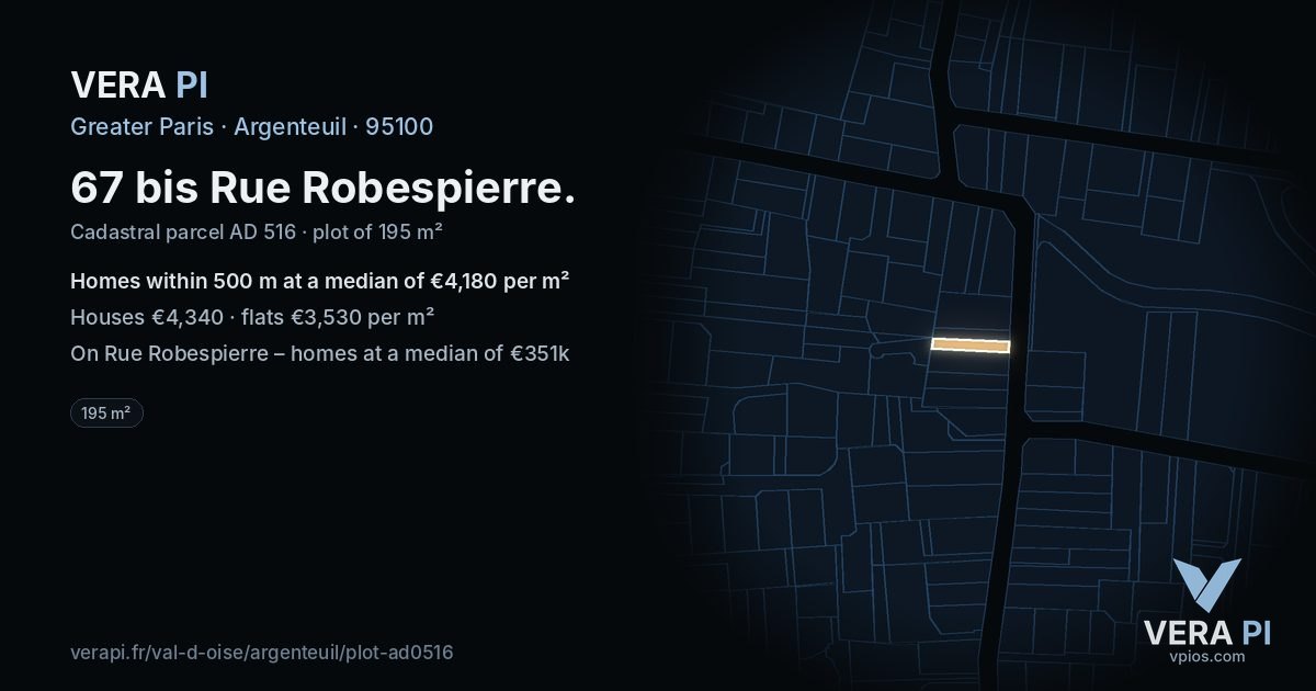 67 bis Rue Robespierre, Argenteuil at night – the plot lit, the parcels around coloured by the prices near them