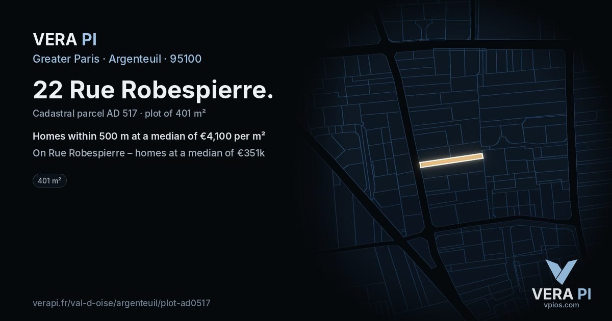 22 Rue Robespierre, Argenteuil at night – the plot lit, the parcels around coloured by the prices near them