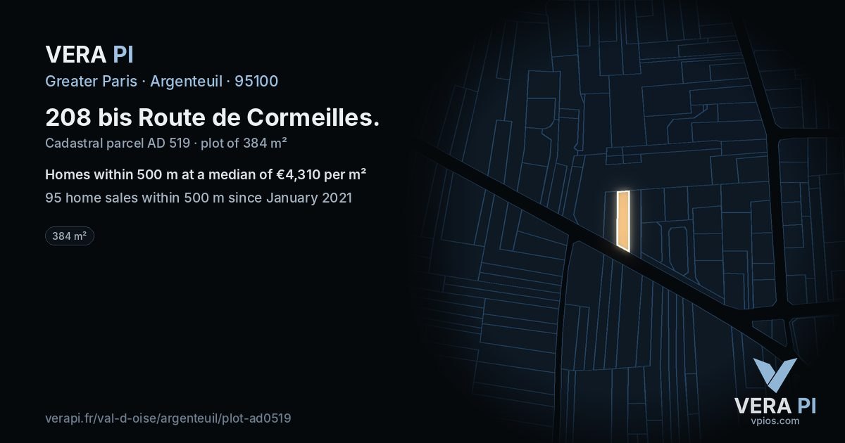 208 bis Route de Cormeilles, Argenteuil at night – the plot lit, the parcels around coloured by the prices near them