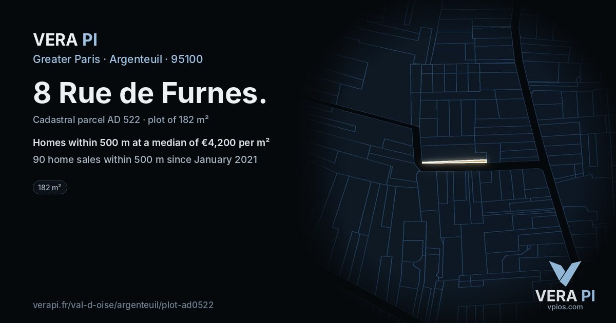 8 Rue de Furnes, Argenteuil at night – the plot lit, the parcels around coloured by the prices near them